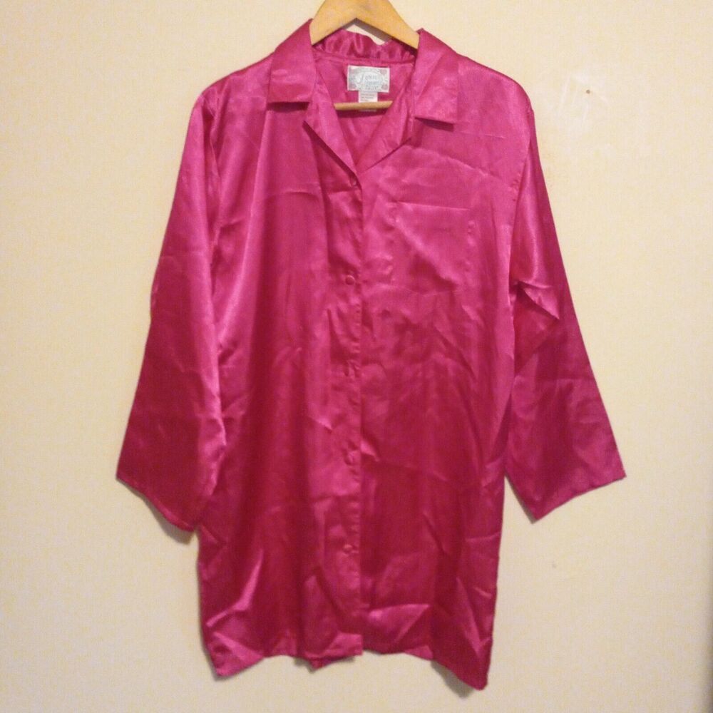 Vintage Forever Young Satin Sleep Shirt-Medium-Hot Pink-Long Sleeve-80s-Gown